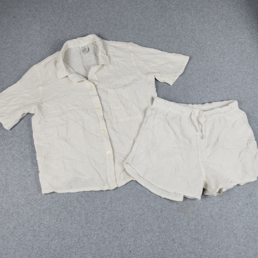 Serra 2 Piece Pajama Set Womens Small White Cotton Double Gauze Short Sleeve
